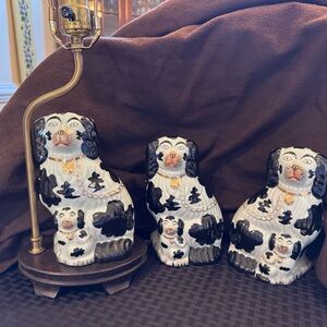 Staffordshire dog lamp and 2 dog figurines